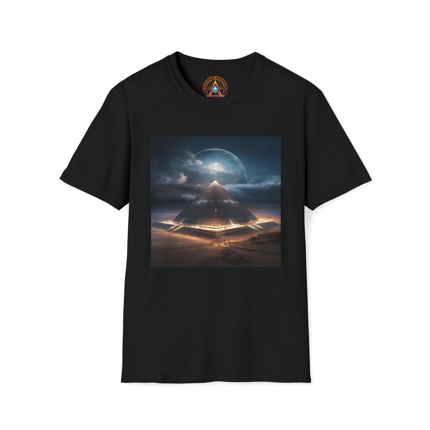 Cameron's Journey to the Eclipse at The Egyptian Pyramids - Visionary Psychedelic Ai Art Men's and Women's Unisex Soft Style T-Shirt for Festival and Street Wear - Alchemystics.org