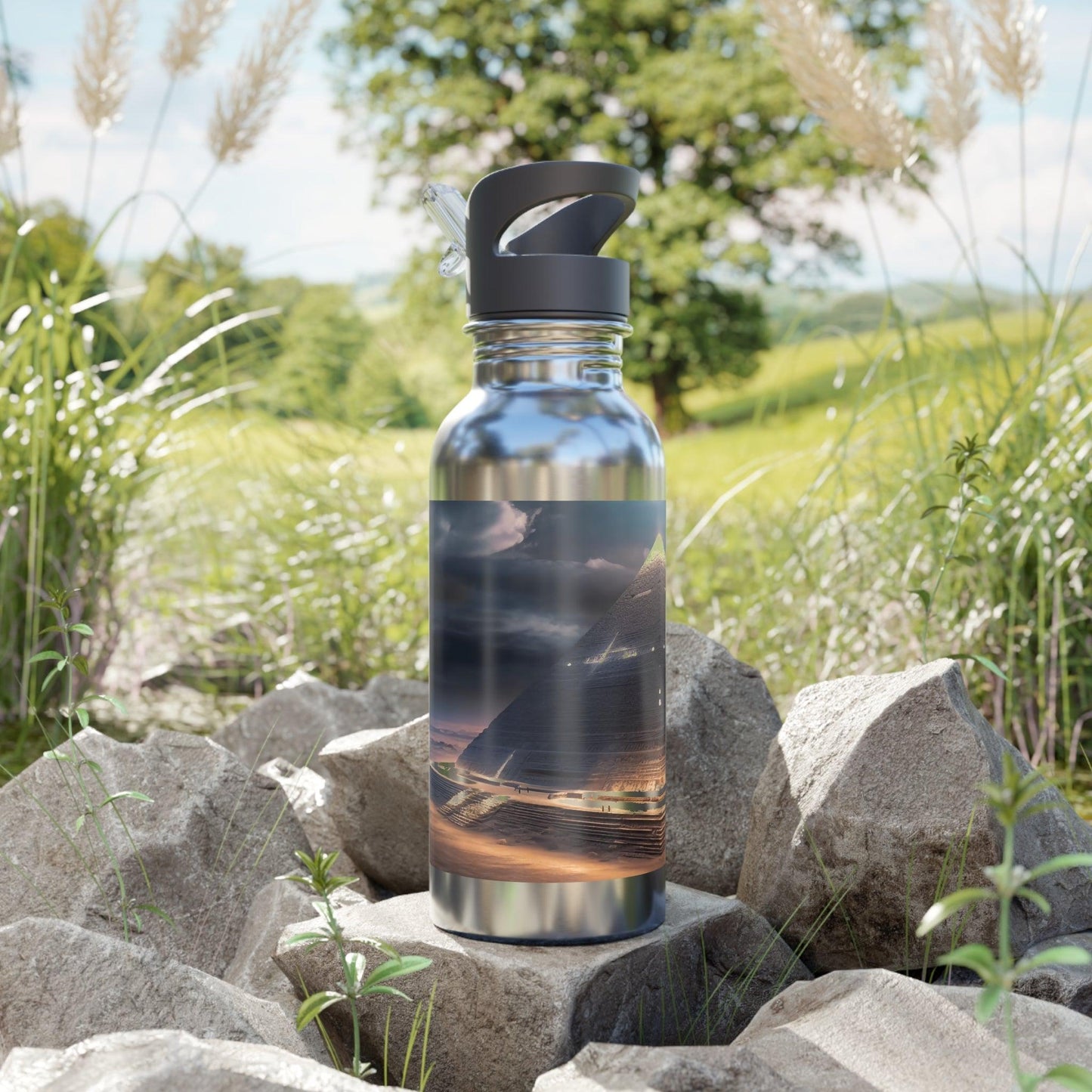 Harness the Energizing Power of the Egyptian Pyramid Eclipse Magic with Our Illuminated Stainless Steel Water Bottle with Straw 20oz - Alchemystics.org