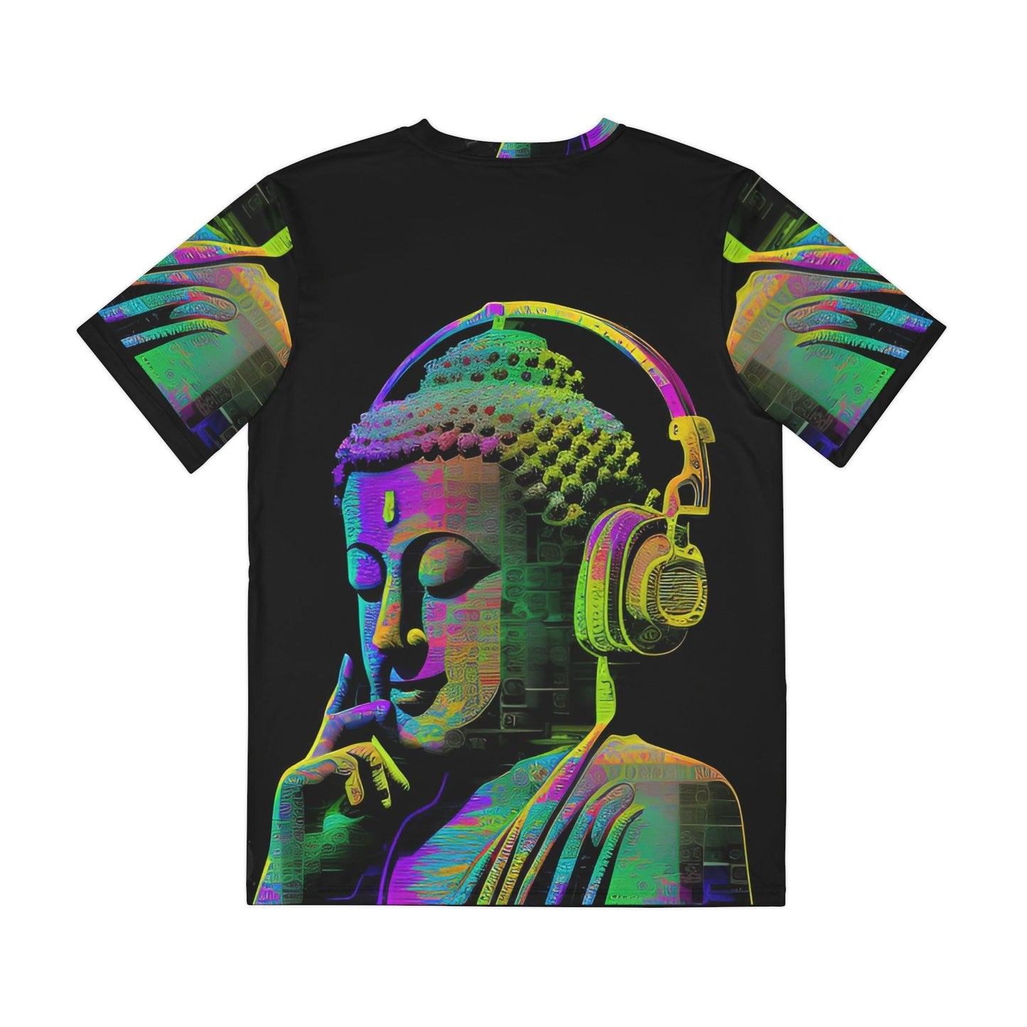 Meta Zen Music Buddha Subtle Smile Sublimation Men's / Unisex Polyester Digital AI Art T- Shirt (AOP) for Street or Festival Wear - Alchemystics.org