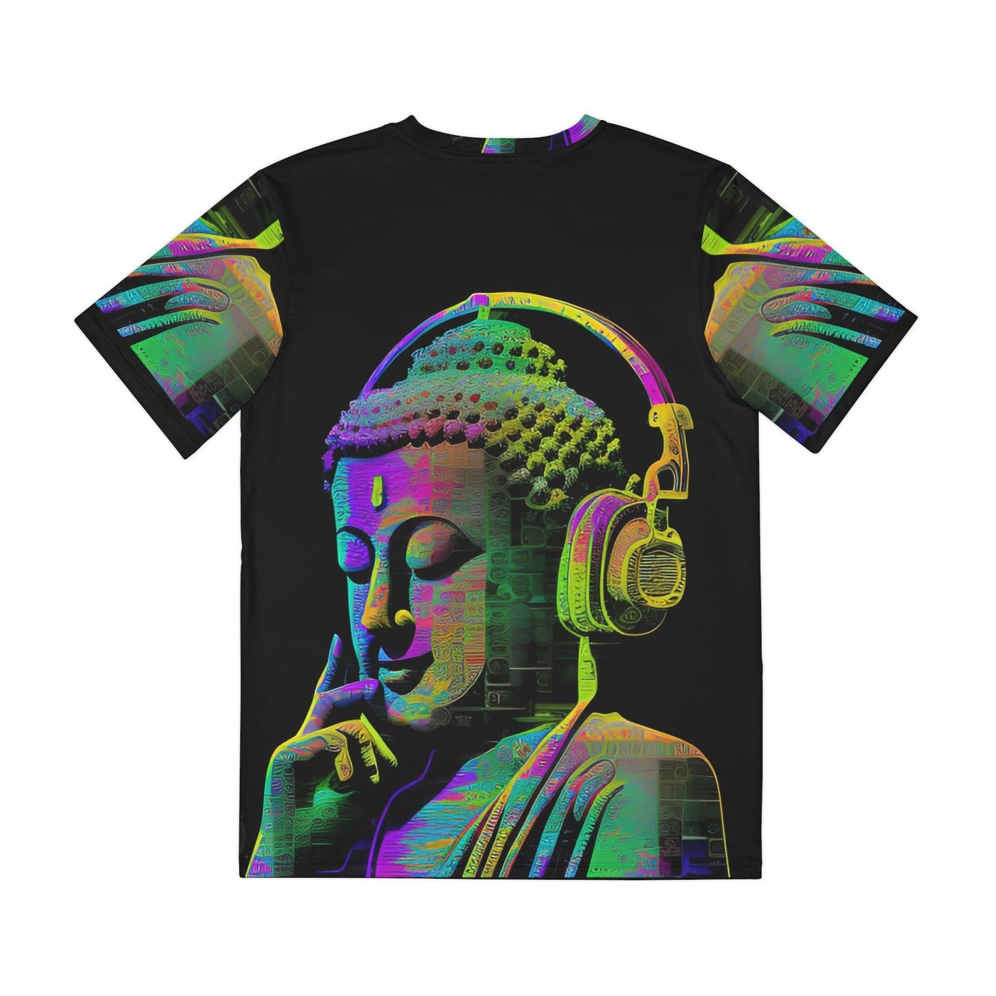 Meta Zen Music Buddha Subtle Smile Sublimation Men's / Unisex Polyester Digital AI Art T- Shirt (AOP) for Street or Festival Wear - Alchemystics.org