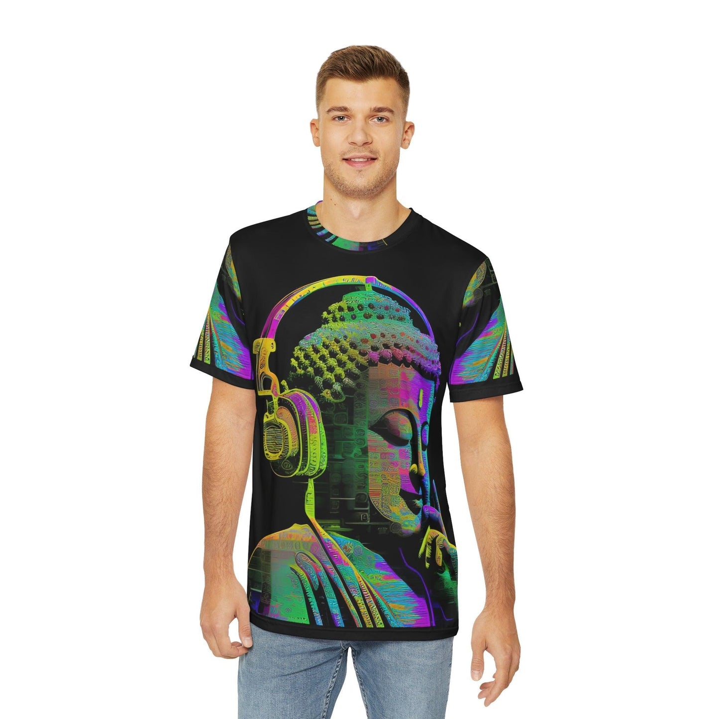 Meta Zen Music Buddha Subtle Smile Sublimation Men's / Unisex Polyester Digital AI Art T- Shirt (AOP) for Street or Festival Wear - Alchemystics.org