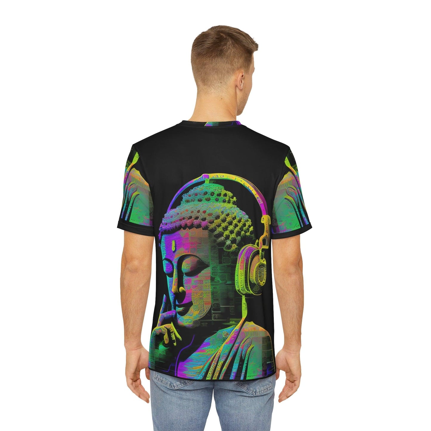 Meta Zen Music Buddha Subtle Smile Sublimation Men's / Unisex Polyester Digital AI Art T- Shirt (AOP) for Street or Festival Wear - Alchemystics.org