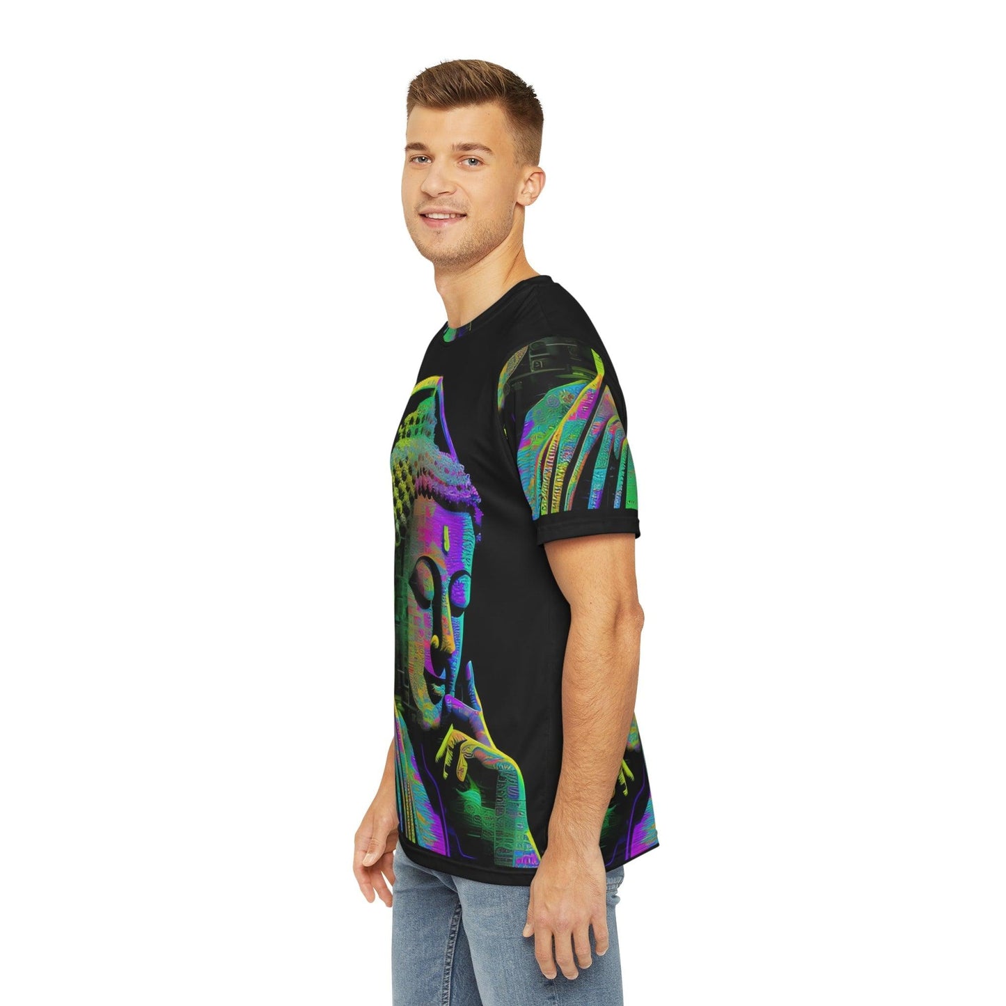 Meta Zen Music Buddha Subtle Smile Sublimation Men's / Unisex Polyester Digital AI Art T- Shirt (AOP) for Street or Festival Wear - Alchemystics.org