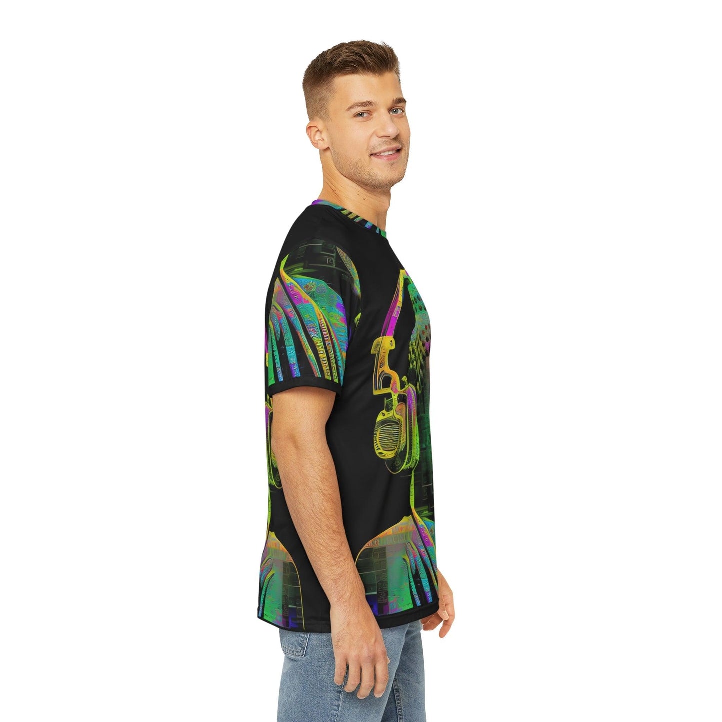 Meta Zen Music Buddha Subtle Smile Sublimation Men's / Unisex Polyester Digital AI Art T- Shirt (AOP) for Street or Festival Wear - Alchemystics.org