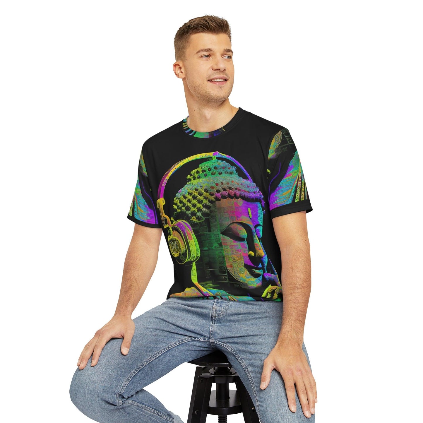 Meta Zen Music Buddha Subtle Smile Sublimation Men's / Unisex Polyester Digital AI Art T- Shirt (AOP) for Street or Festival Wear - Alchemystics.org