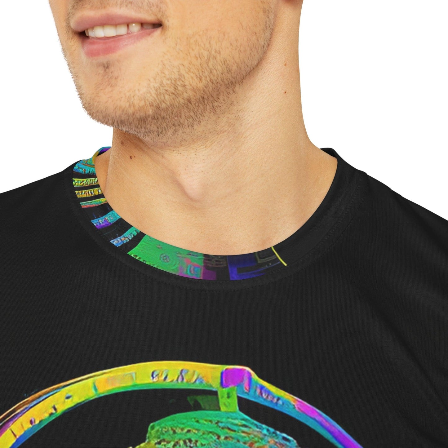 Meta Zen Music Buddha Subtle Smile Sublimation Men's / Unisex Polyester Digital AI Art T- Shirt (AOP) for Street or Festival Wear - Alchemystics.org