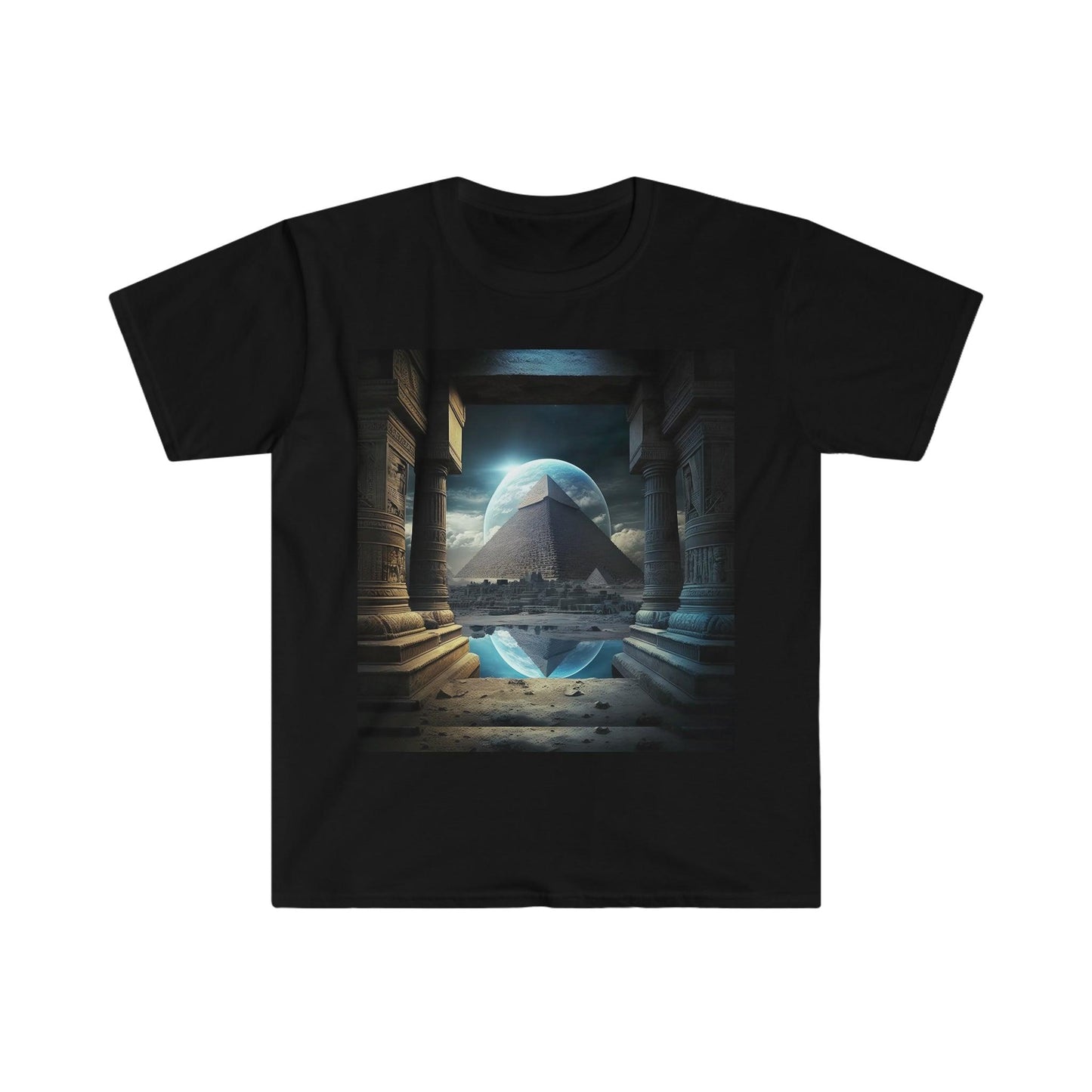 Mystic Eclipse: Egyptian Pyramid AI Art T-shirt -Men's and Women's Unisex Softstyle Shirt - Festival Urban Street Wear v2.0 - Alchemystics.org