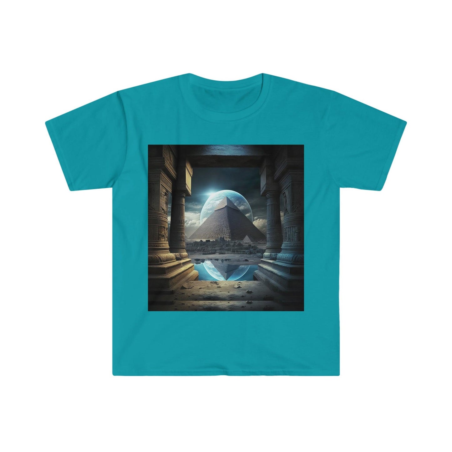 Mystic Eclipse: Egyptian Pyramid AI Art T-shirt -Men's and Women's Unisex Softstyle Shirt - Festival Urban Street Wear v2.0 - Alchemystics.org