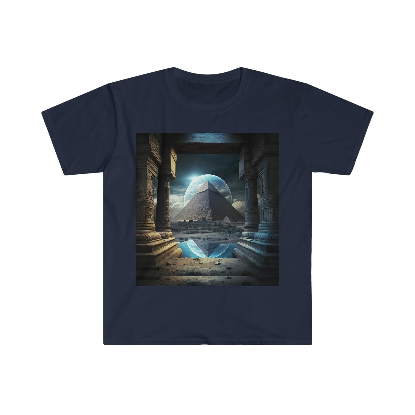 Mystic Eclipse: Egyptian Pyramid AI Art T-shirt -Men's and Women's Unisex Softstyle Shirt - Festival Urban Street Wear v2.0 - Alchemystics.org