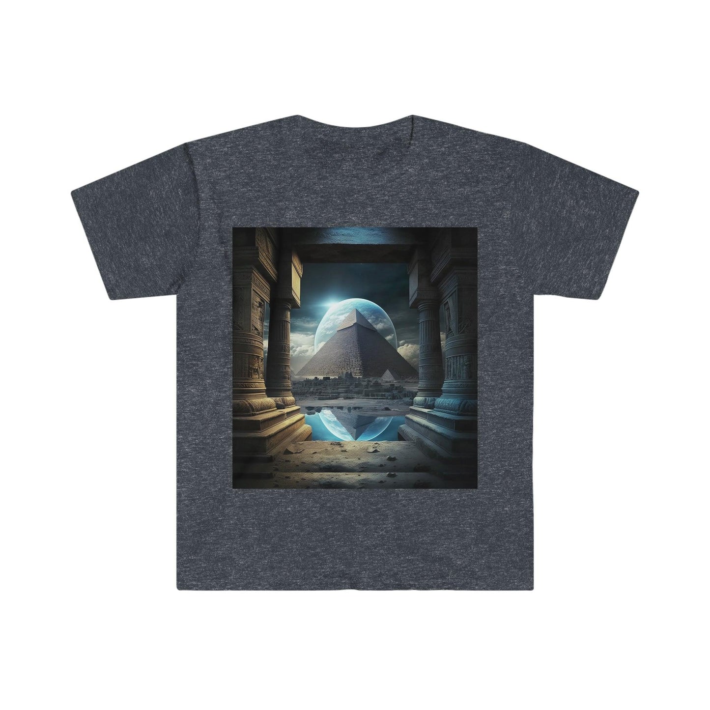 Mystic Eclipse: Egyptian Pyramid AI Art T-shirt -Men's and Women's Unisex Softstyle Shirt - Festival Urban Street Wear v2.0 - Alchemystics.org