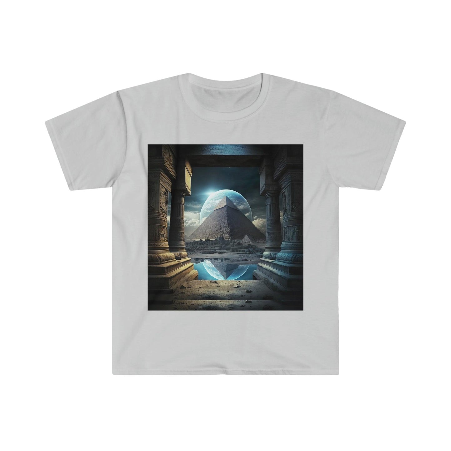 Mystic Eclipse: Egyptian Pyramid AI Art T-shirt -Men's and Women's Unisex Softstyle Shirt - Festival Urban Street Wear v2.0 - Alchemystics.org