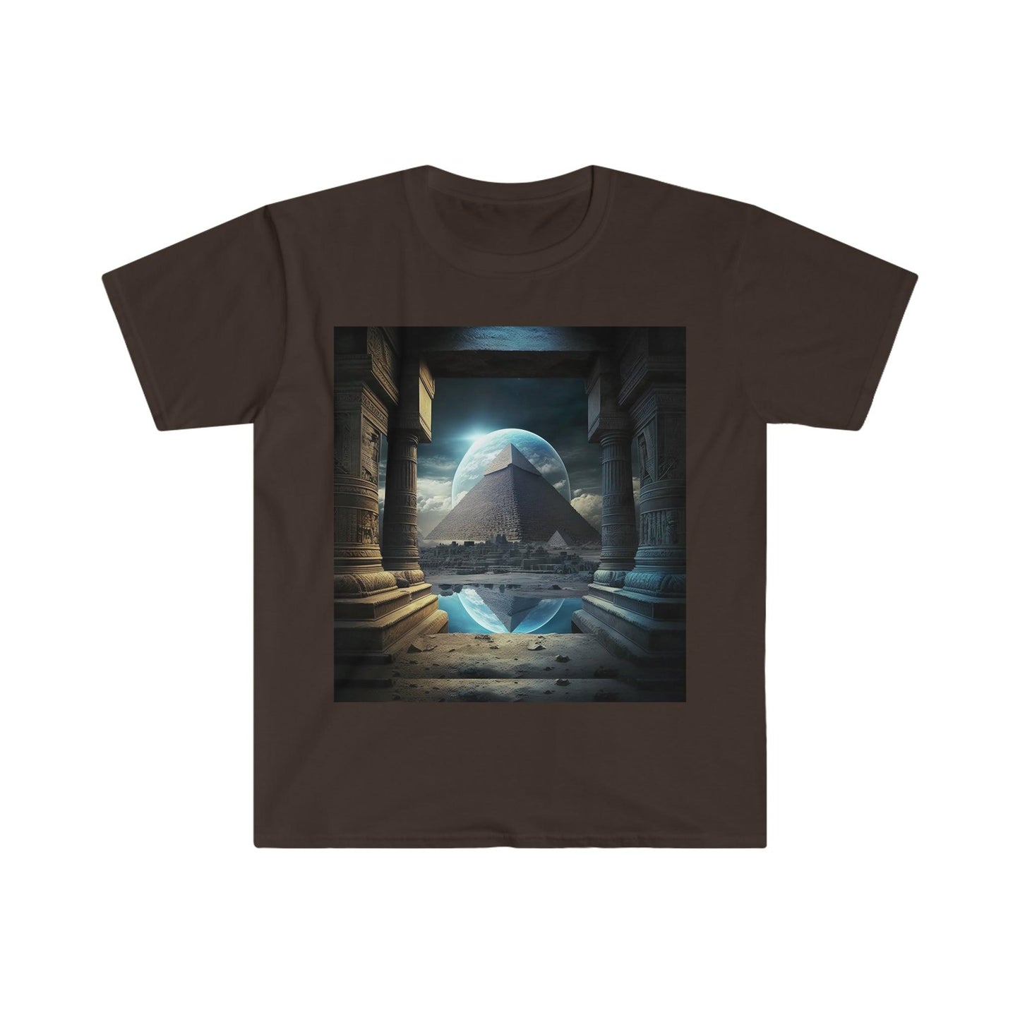 Mystic Eclipse: Egyptian Pyramid AI Art T-shirt -Men's and Women's Unisex Softstyle Shirt - Festival Urban Street Wear v2.0 - Alchemystics.org