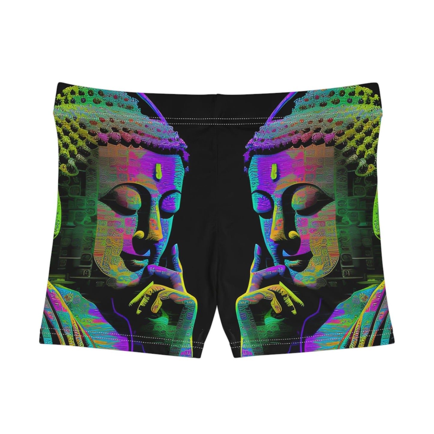 Subtle Buddha Smiling Wearing Headphone - Women's Shorts (AOP) - for Activewear or Yogawear - Alchemystics.org