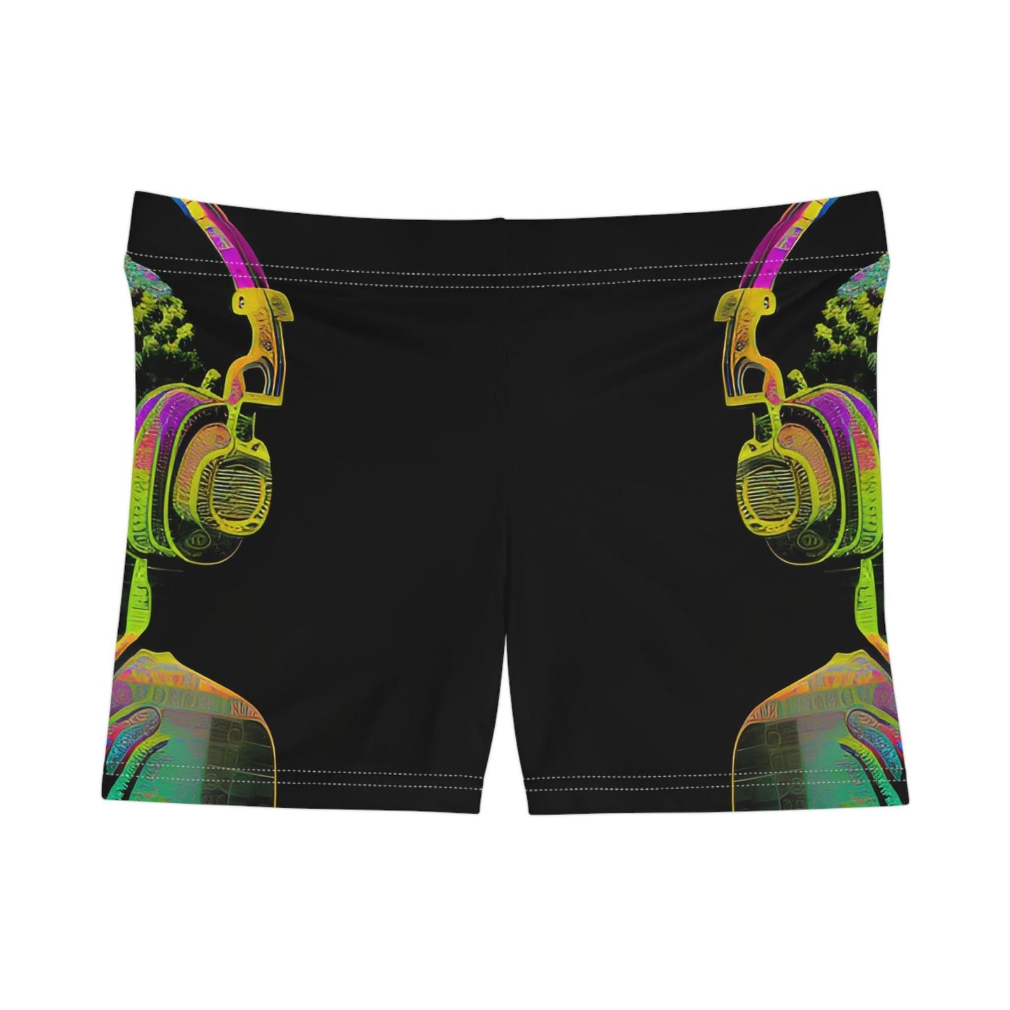 Subtle Buddha Smiling Wearing Headphone - Women's Shorts (AOP) - for Activewear or Yogawear - Alchemystics.org