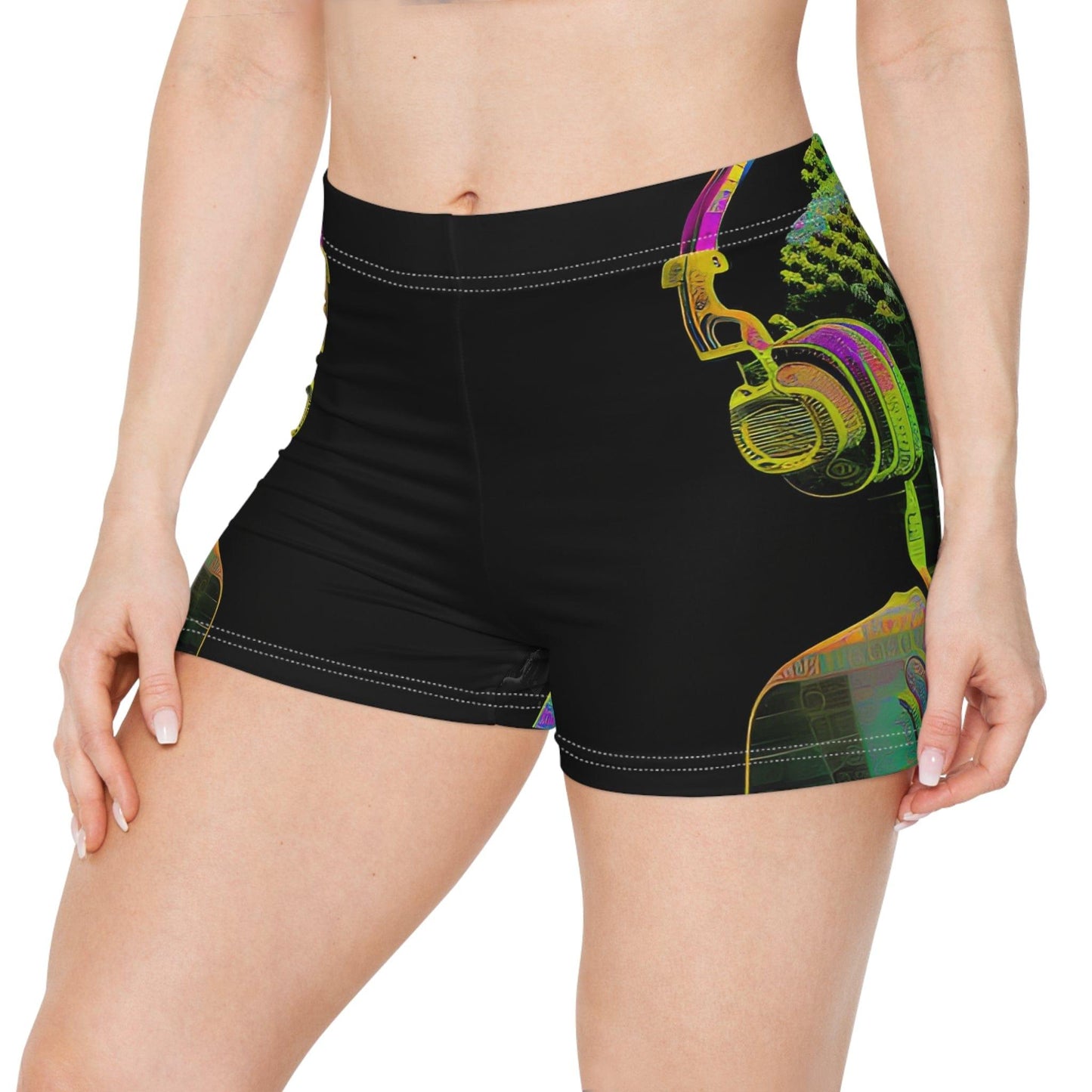 Subtle Buddha Smiling Wearing Headphone - Women's Shorts (AOP) - for Activewear or Yogawear - Alchemystics.org