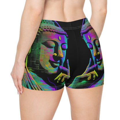 Subtle Buddha Smiling Wearing Headphone - Women's Shorts (AOP) - for Activewear or Yogawear - Alchemystics.org