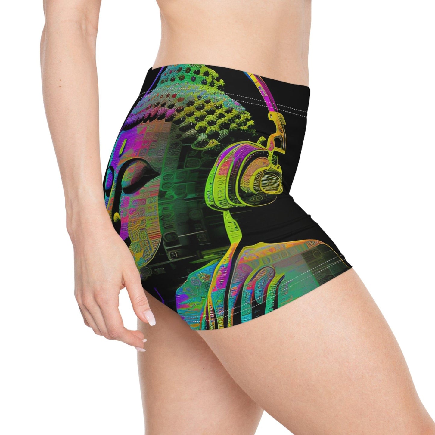 Subtle Buddha Smiling Wearing Headphone - Women's Shorts (AOP) - for Activewear or Yogawear - Alchemystics.org