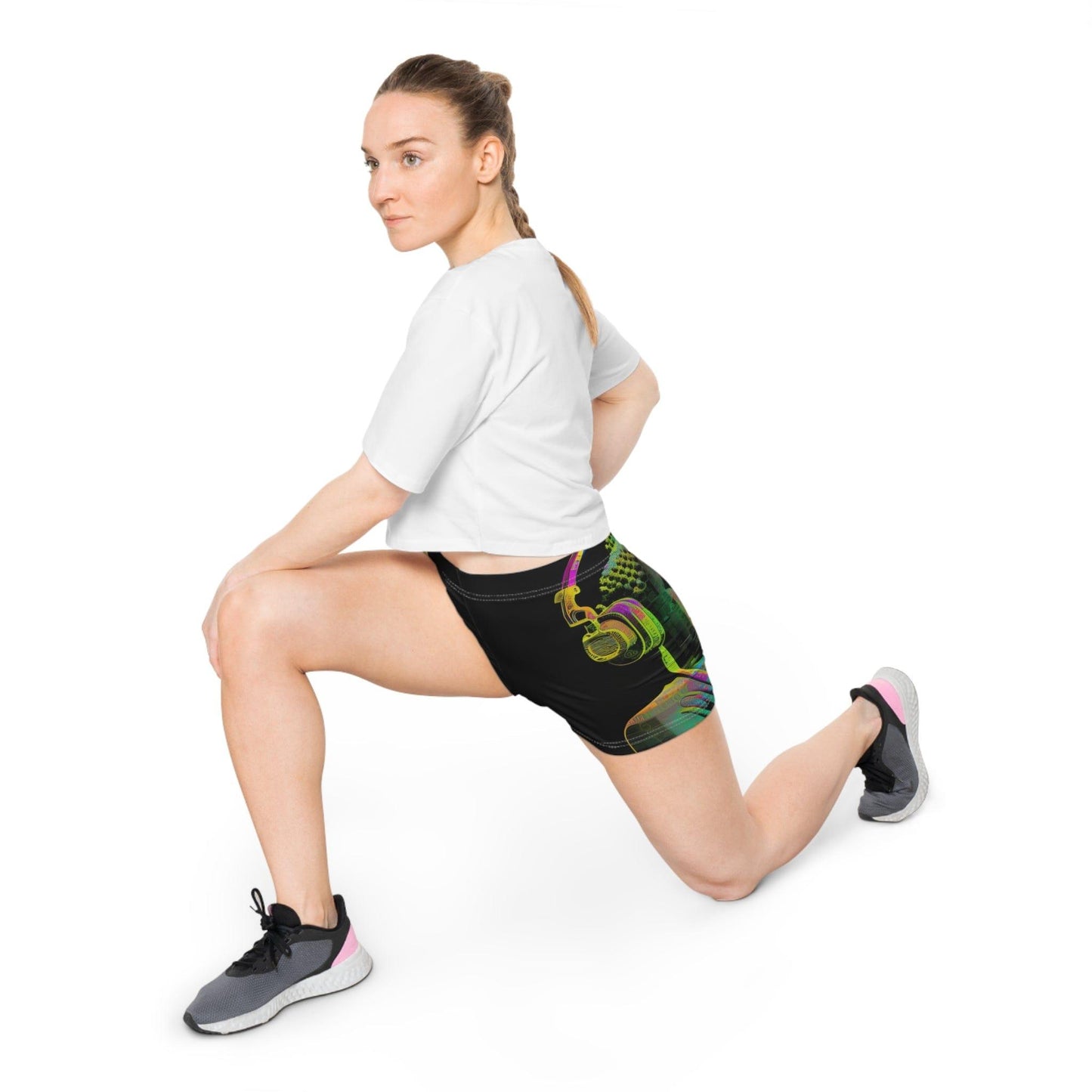 Subtle Buddha Smiling Wearing Headphone - Women's Shorts (AOP) - for Activewear or Yogawear - Alchemystics.org