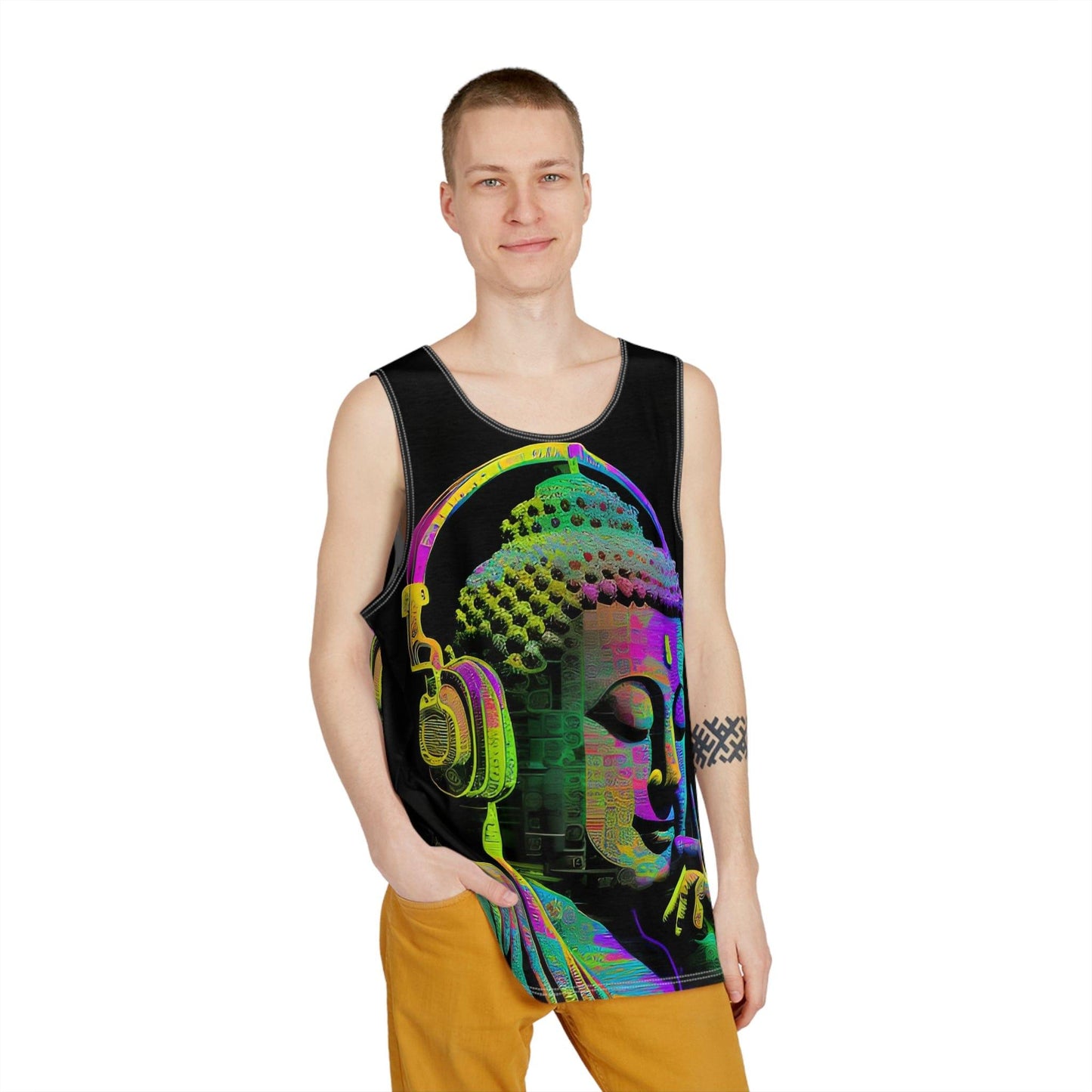 Subtle Smiling Buddha Wearing Headphones Sublimation Print All-Over Design Tank Top - Stylish Comfort for Gym and Streetwear - Alchemystics.org