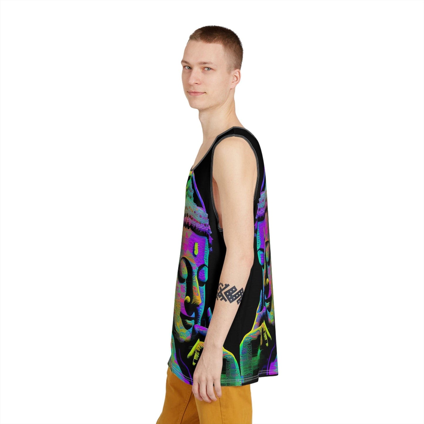 Subtle Smiling Buddha Wearing Headphones Sublimation Print All-Over Design Tank Top - Stylish Comfort for Gym and Streetwear - Alchemystics.org