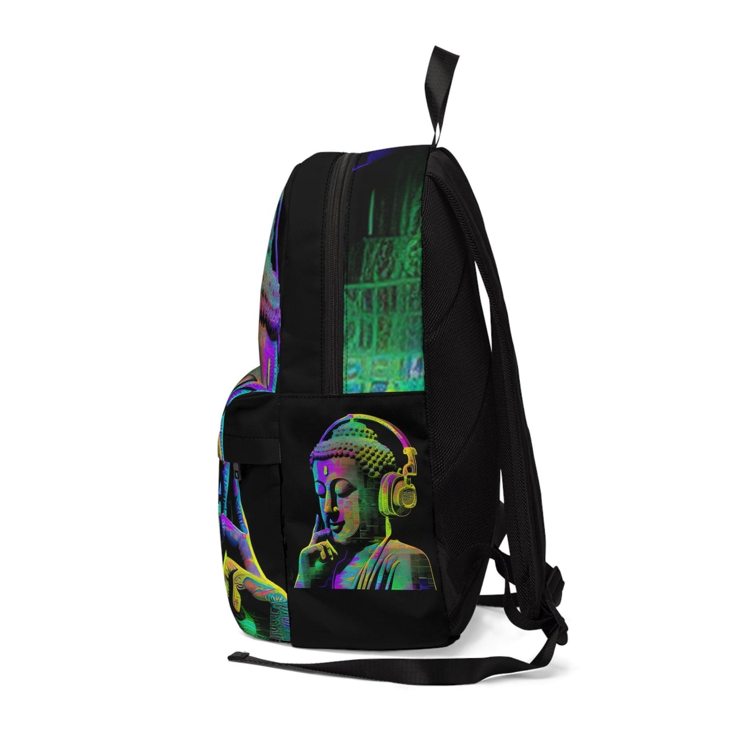 Subtle Smiling Buddha with Headphones Meta Zen Music Tribal Fusion Backpack Unisex Classic Backpack - Alchemystics.org