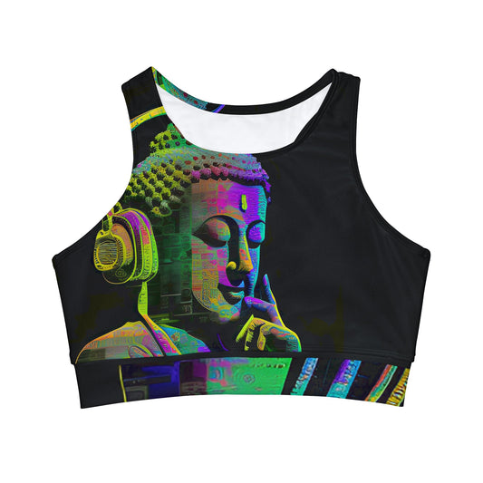 Subtle Smile Buddha (AOP) - All-Over Print Sports Bra – Perfect for Raves, Festivals, and Parties