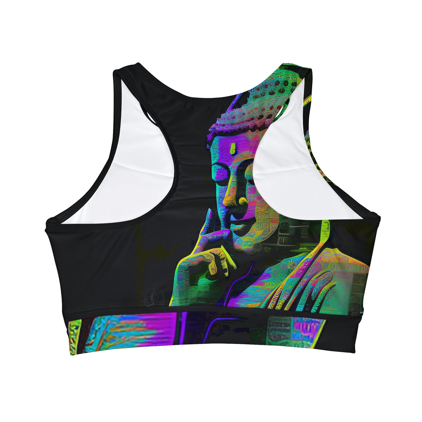 Subtle Smile Buddha (AOP) - All-Over Print Sports Bra – Perfect for Raves, Festivals, and Parties