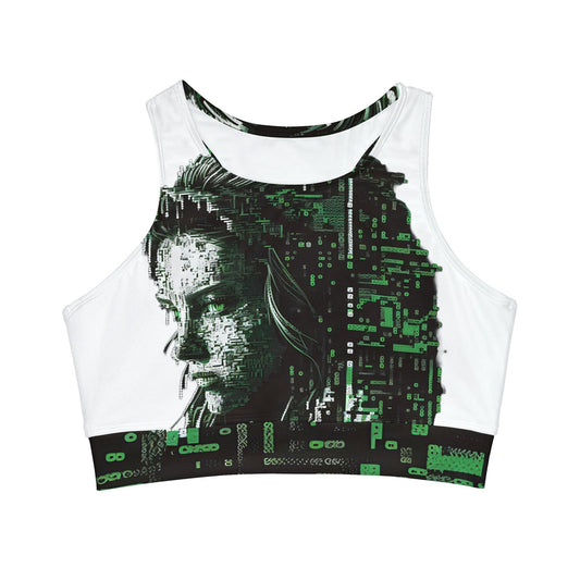 Fierce Digital Green Eyed Beautiful Woman in the style of Ansi / Ascii Art - For Her High Neck Crop Top Sublimation All Over Print (AOP) - Alchemystics.org