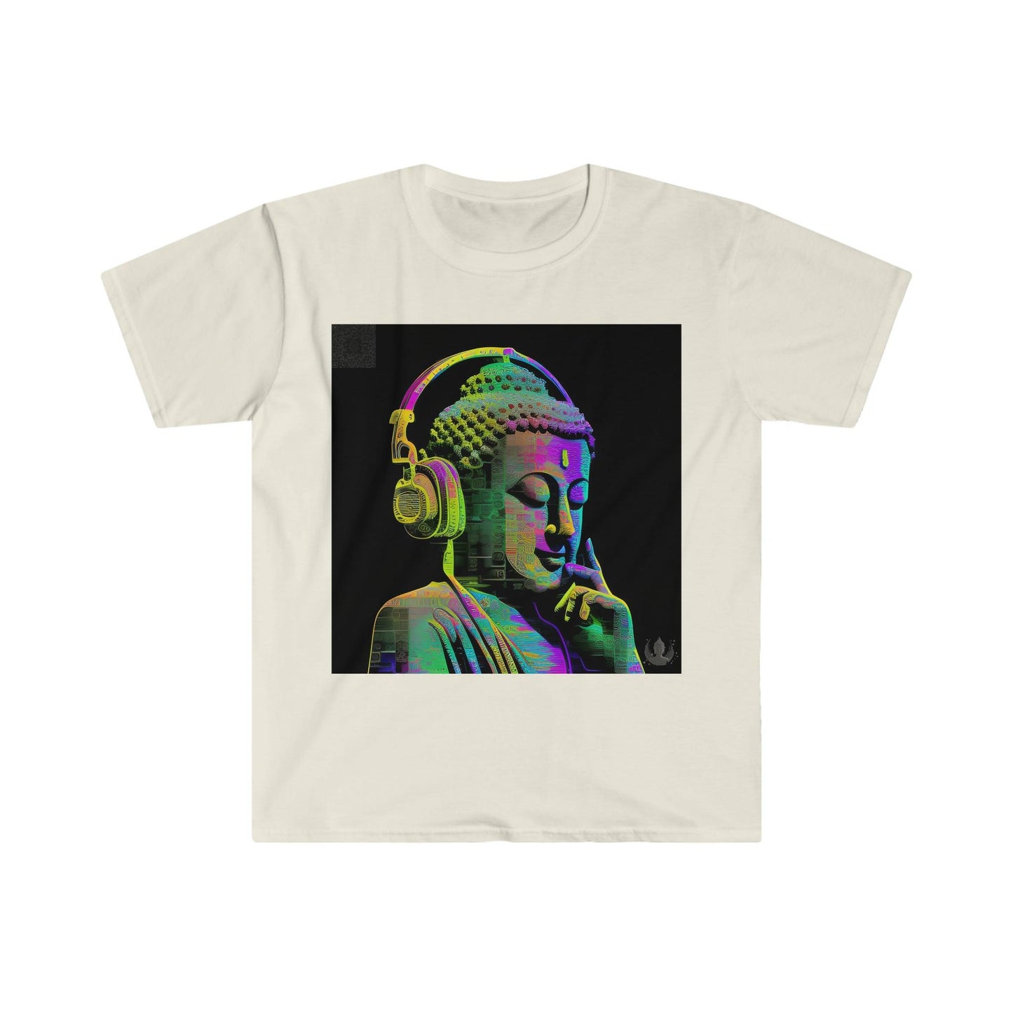 Meta Zen Future Retro V3 Statue Of A Buddha With Headphphones Subtle Smile - Ansi / Ascii / Ai Art T-shirt - Unisex Soft style - Alchemystics.Org - Alchemystics.org