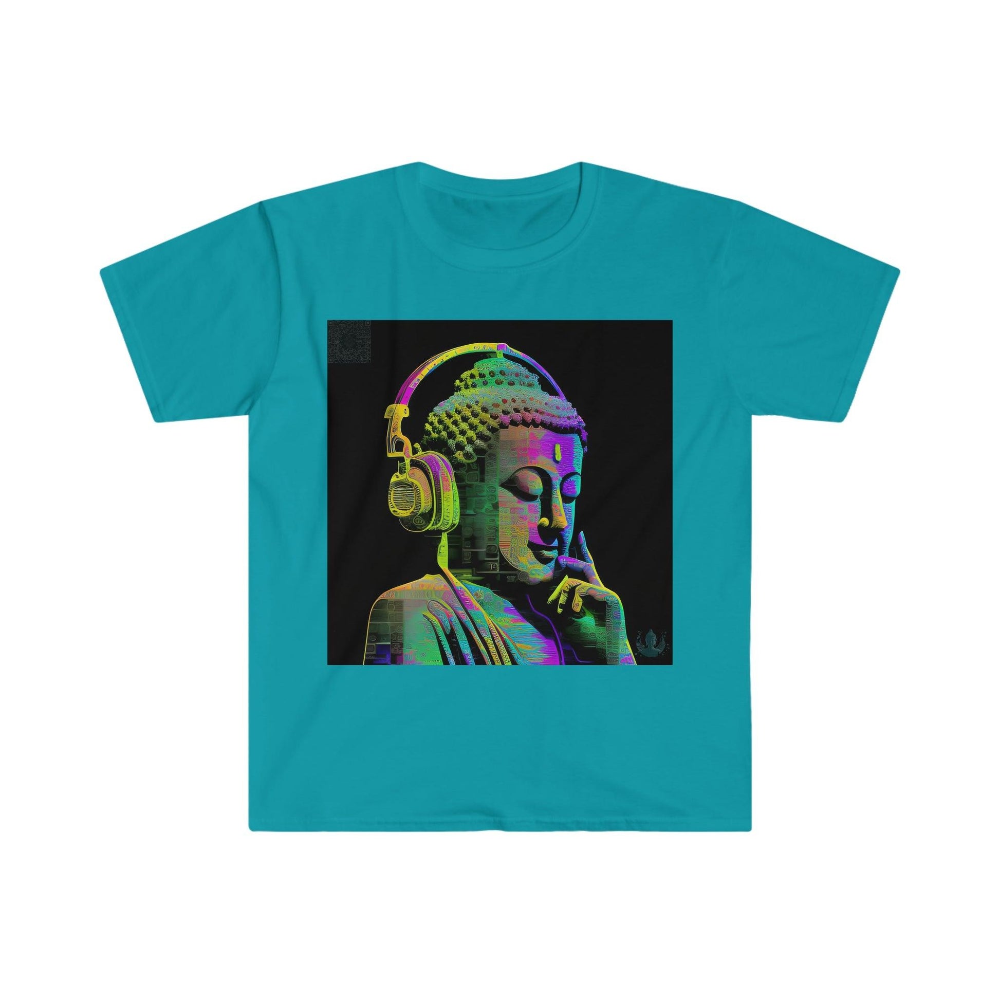 Meta Zen Future Retro V3 Statue Of A Buddha With Headphphones Subtle Smile - Ansi / Ascii / Ai Art T-shirt - Unisex Soft style - Alchemystics.Org - Alchemystics.org