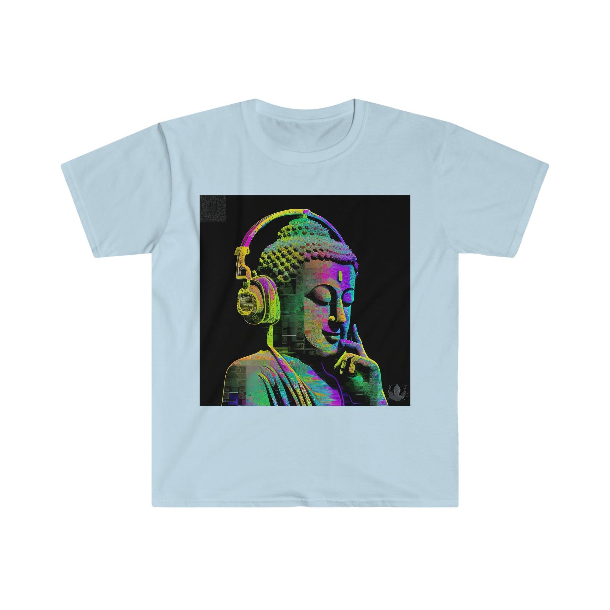 Meta Zen Future Retro V3 Statue Of A Buddha With Headphphones Subtle Smile - Ansi / Ascii / Ai Art T-shirt - Unisex Soft style - Alchemystics.Org - Alchemystics.org