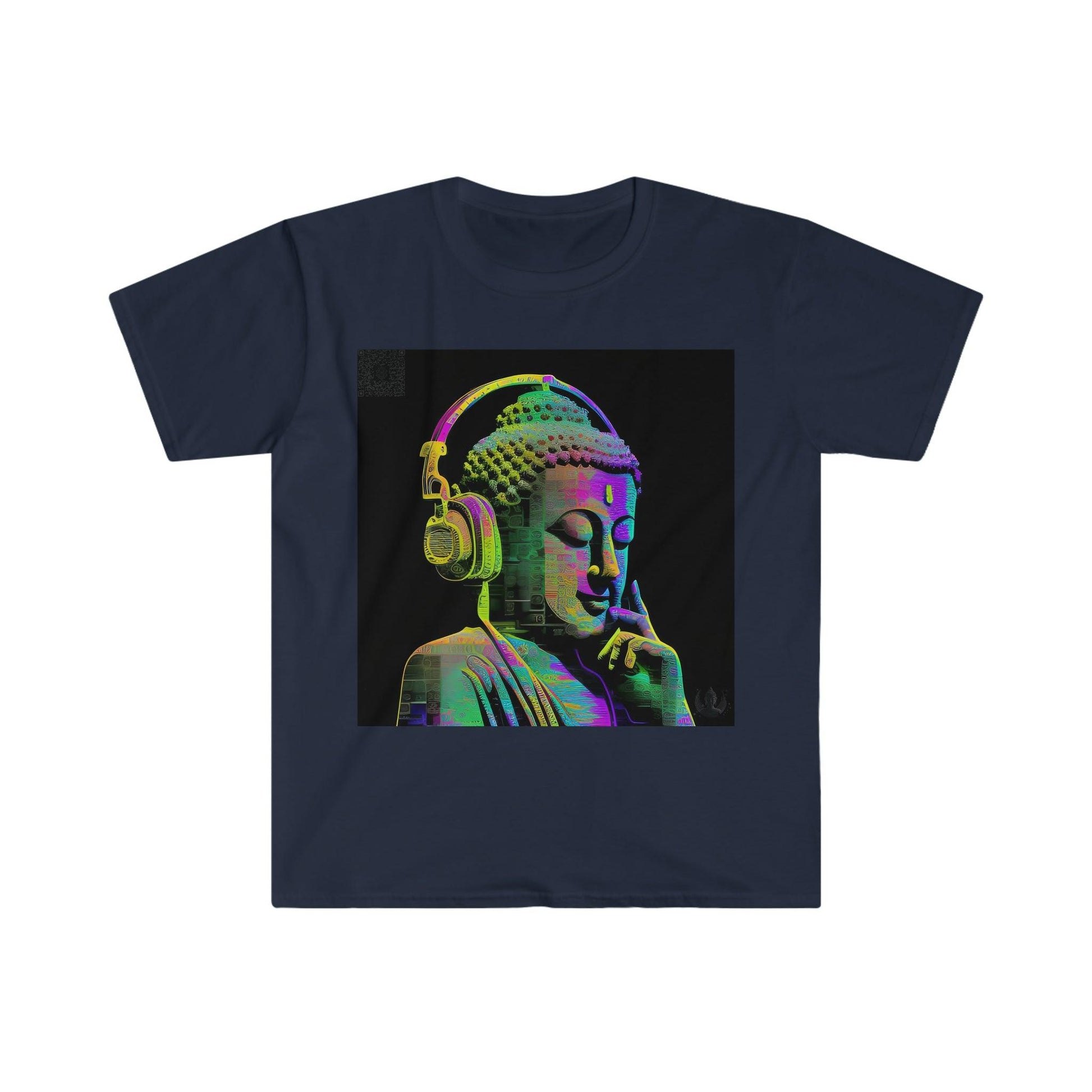 Meta Zen Future Retro V3 Statue Of A Buddha With Headphphones Subtle Smile - Ansi / Ascii / Ai Art T-shirt - Unisex Soft style - Alchemystics.Org - Alchemystics.org