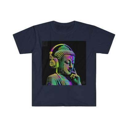 Meta Zen Future Retro V3 Statue Of A Buddha With Headphphones Subtle Smile - Ansi / Ascii / Ai Art T-shirt - Unisex Soft style - Alchemystics.Org - Alchemystics.org