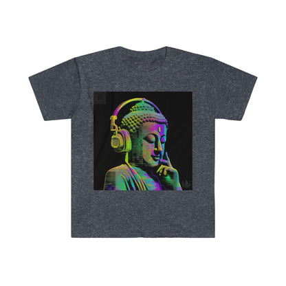 Meta Zen Future Retro V3 Statue Of A Buddha With Headphphones Subtle Smile - Ansi / Ascii / Ai Art T-shirt - Unisex Soft style - Alchemystics.Org - Alchemystics.org