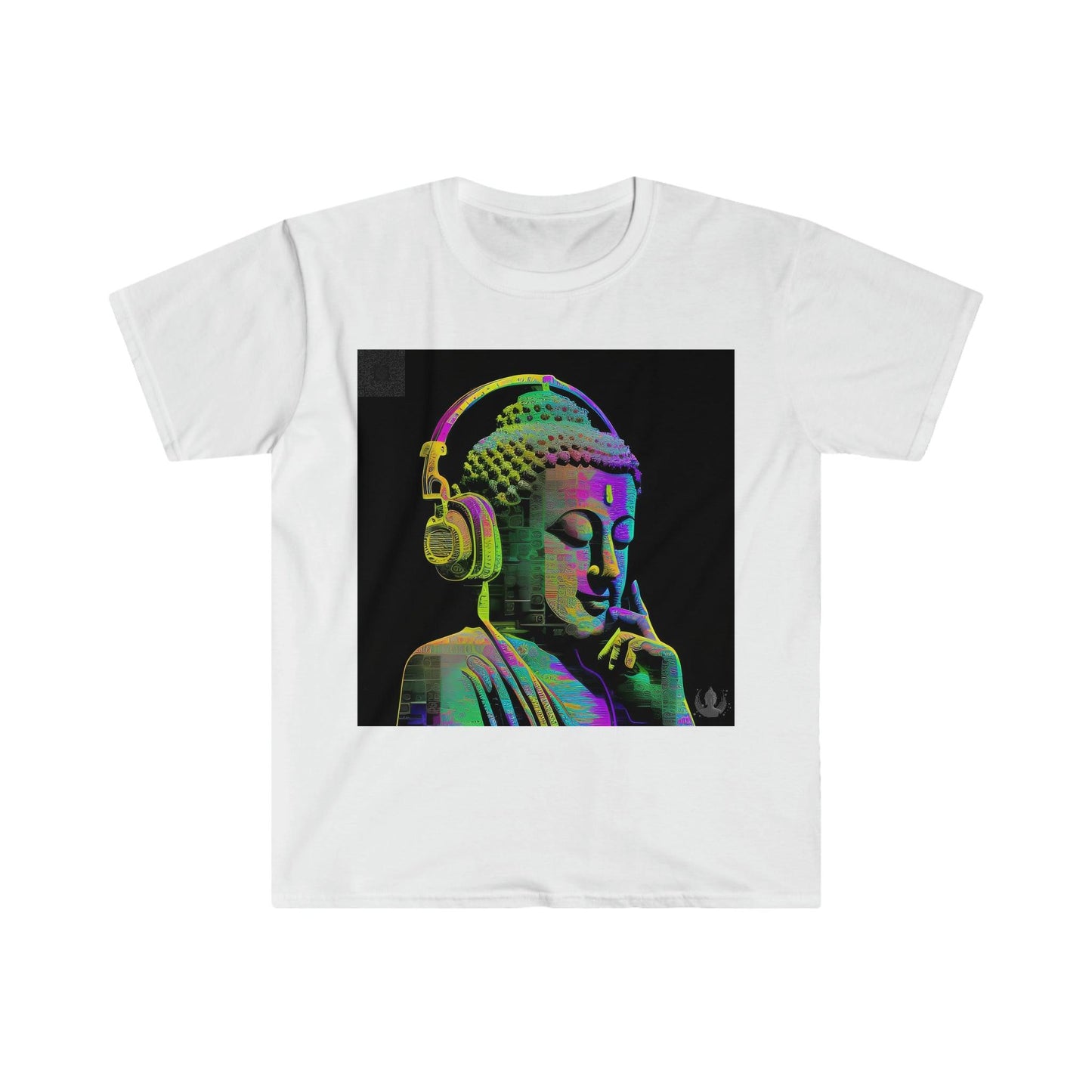 Meta Zen Future Retro V3 Statue Of A Buddha With Headphphones Subtle Smile - Ansi / Ascii / Ai Art T-shirt - Unisex Soft style - Alchemystics.Org - Alchemystics.org