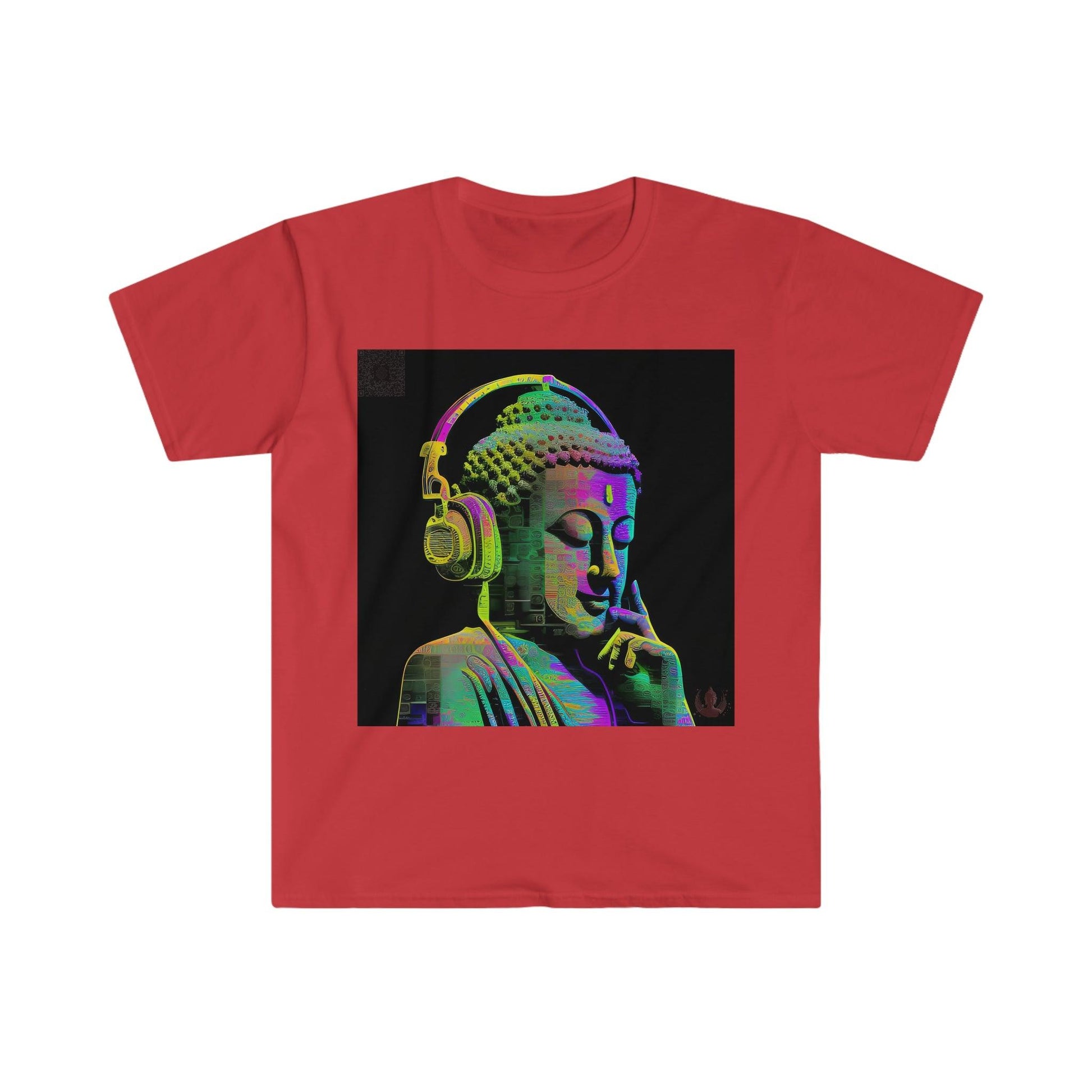 Meta Zen Future Retro V3 Statue Of A Buddha With Headphphones Subtle Smile - Ansi / Ascii / Ai Art T-shirt - Unisex Soft style - Alchemystics.Org - Alchemystics.org