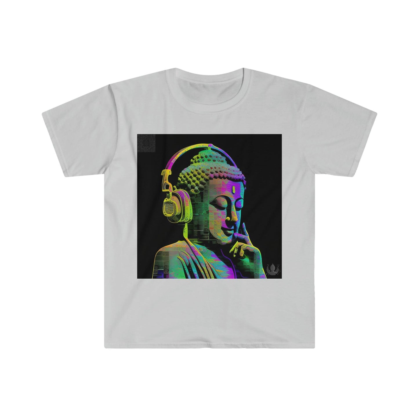 Meta Zen Future Retro V3 Statue Of A Buddha With Headphphones Subtle Smile - Ansi / Ascii / Ai Art T-shirt - Unisex Soft style - Alchemystics.Org - Alchemystics.org