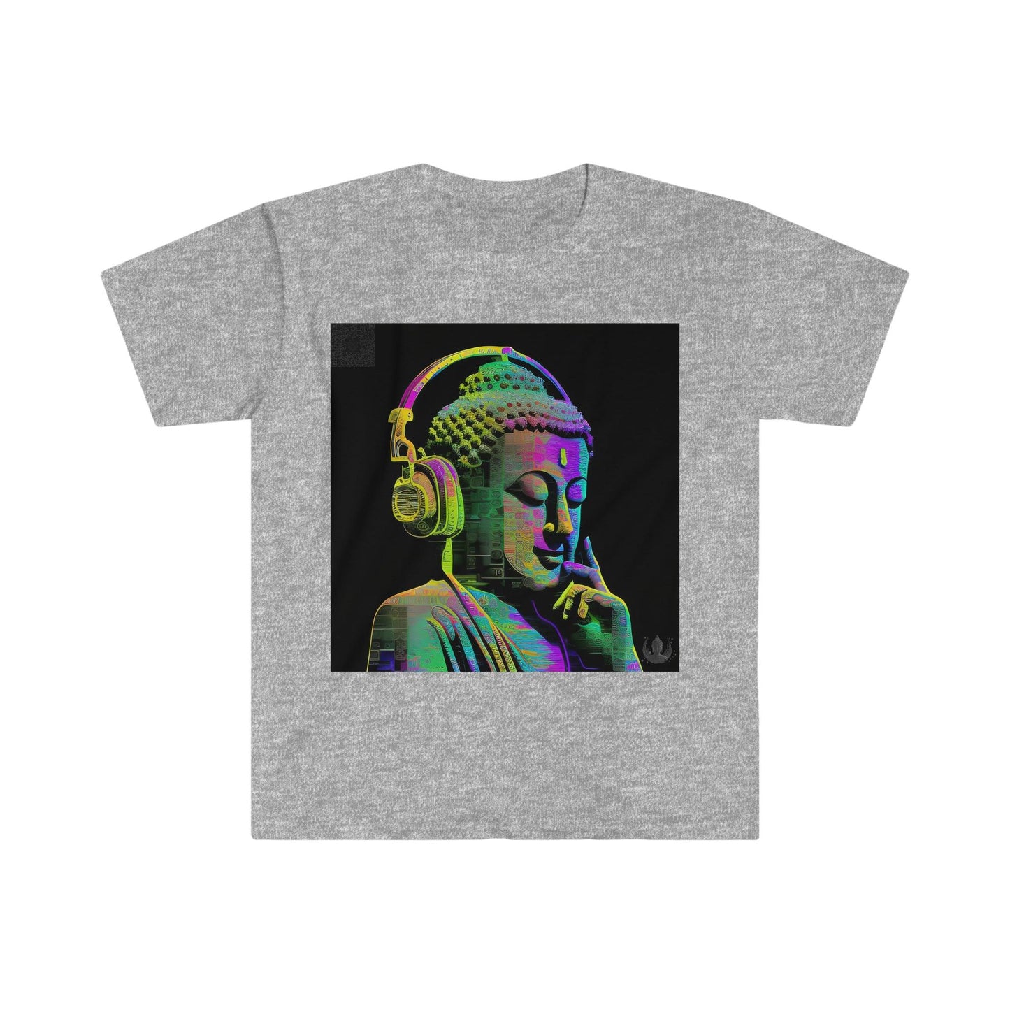 Meta Zen Future Retro V3 Statue Of A Buddha With Headphphones Subtle Smile - Ansi / Ascii / Ai Art T-shirt - Unisex Soft style - Alchemystics.Org - Alchemystics.org