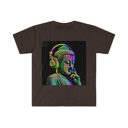 Meta Zen Future Retro V3 Statue Of A Buddha With Headphphones Subtle Smile - Ansi / Ascii / Ai Art T-shirt - Unisex Soft style - Alchemystics.Org - Alchemystics.org