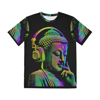 Meta Zen Music Buddha Subtle Smile Sublimation Men's / Unisex Polyester Digital AI Art T- Shirt (AOP) for Street or Festival Wear - Alchemystics.org