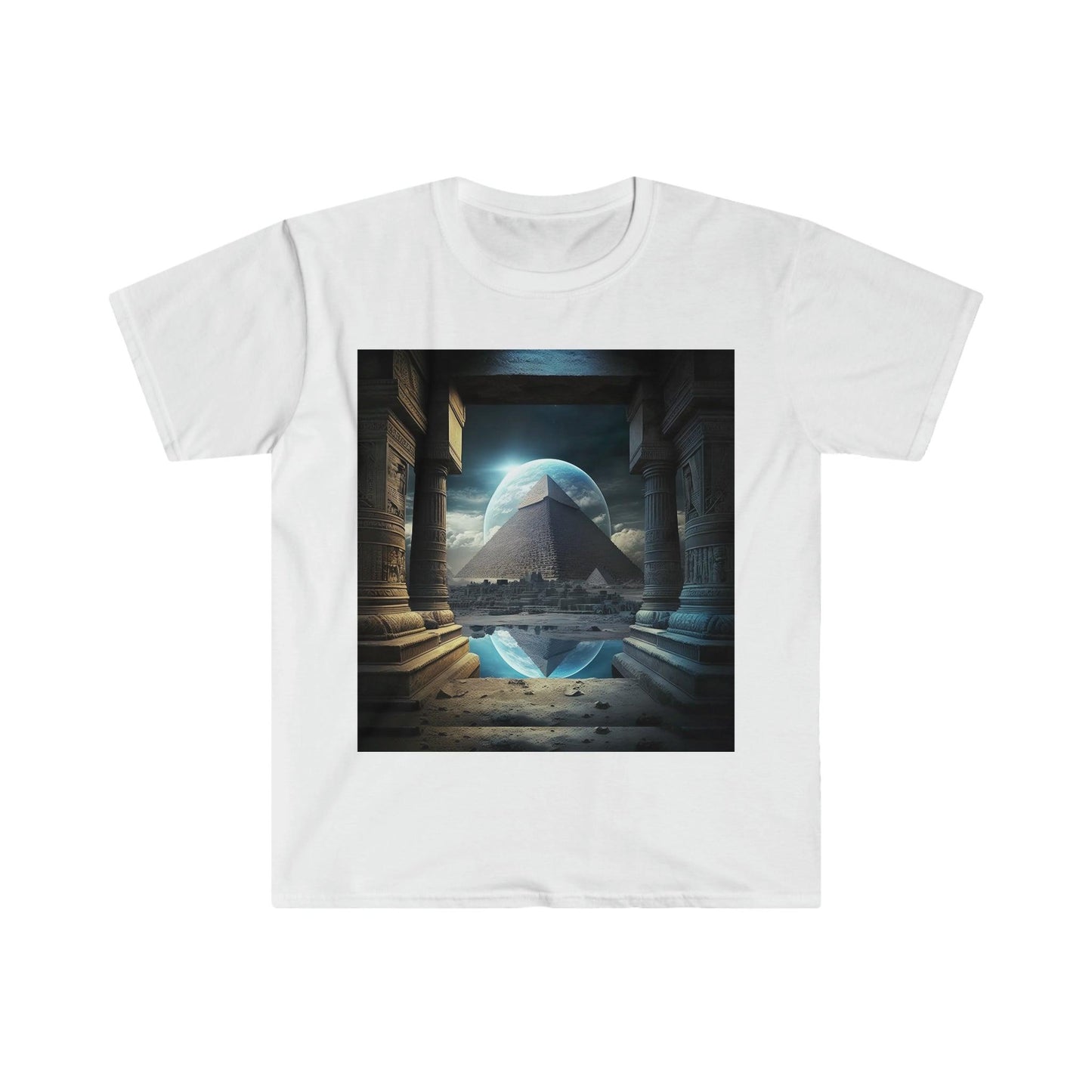 Mystic Eclipse: Egyptian Pyramid AI Art T-shirt -Men's and Women's Unisex Softstyle Shirt - Festival Urban Street Wear v2.0 - Alchemystics.org