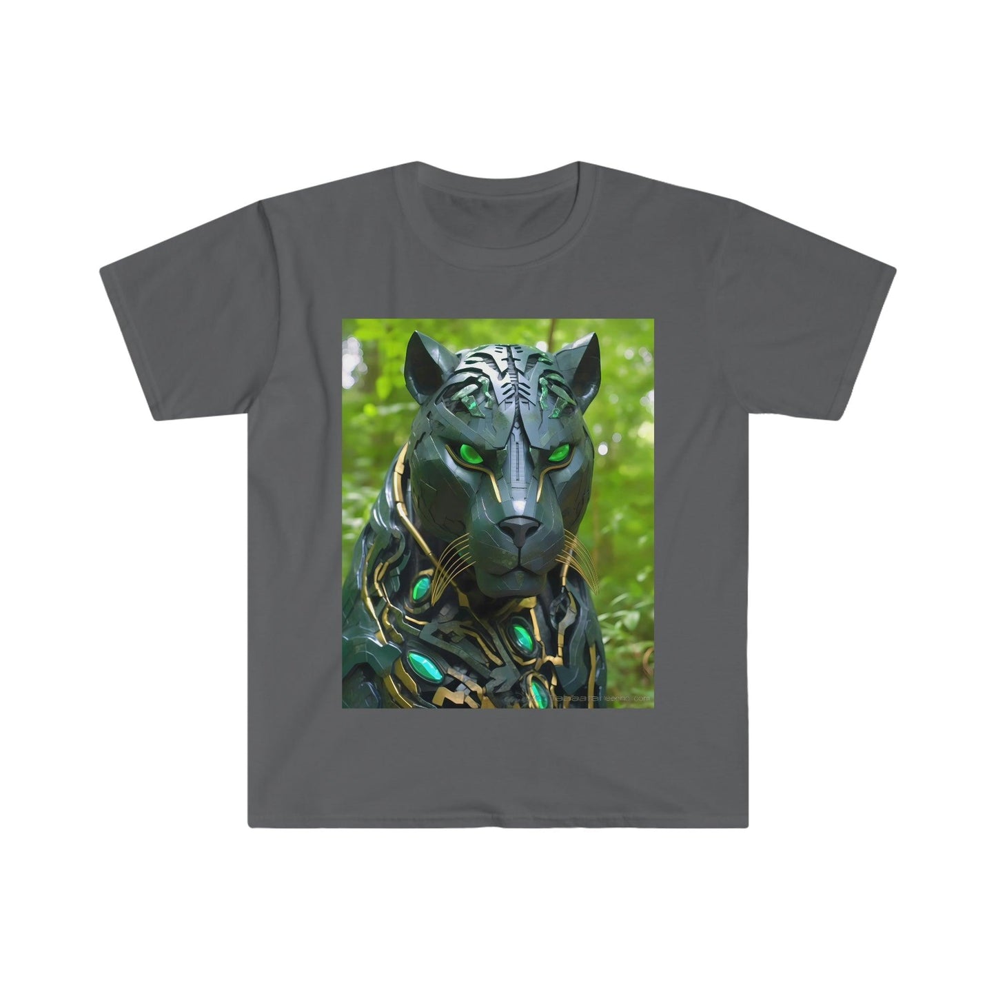 Obsidian Black Panther Visionary Cyberpunk T-Shirt - Fierce and Friendly Design with Piercing Green Eyes - AI Art T-Shirt - Men's and Women's Unisex Shirt - v1.0 - Alchemystics.org