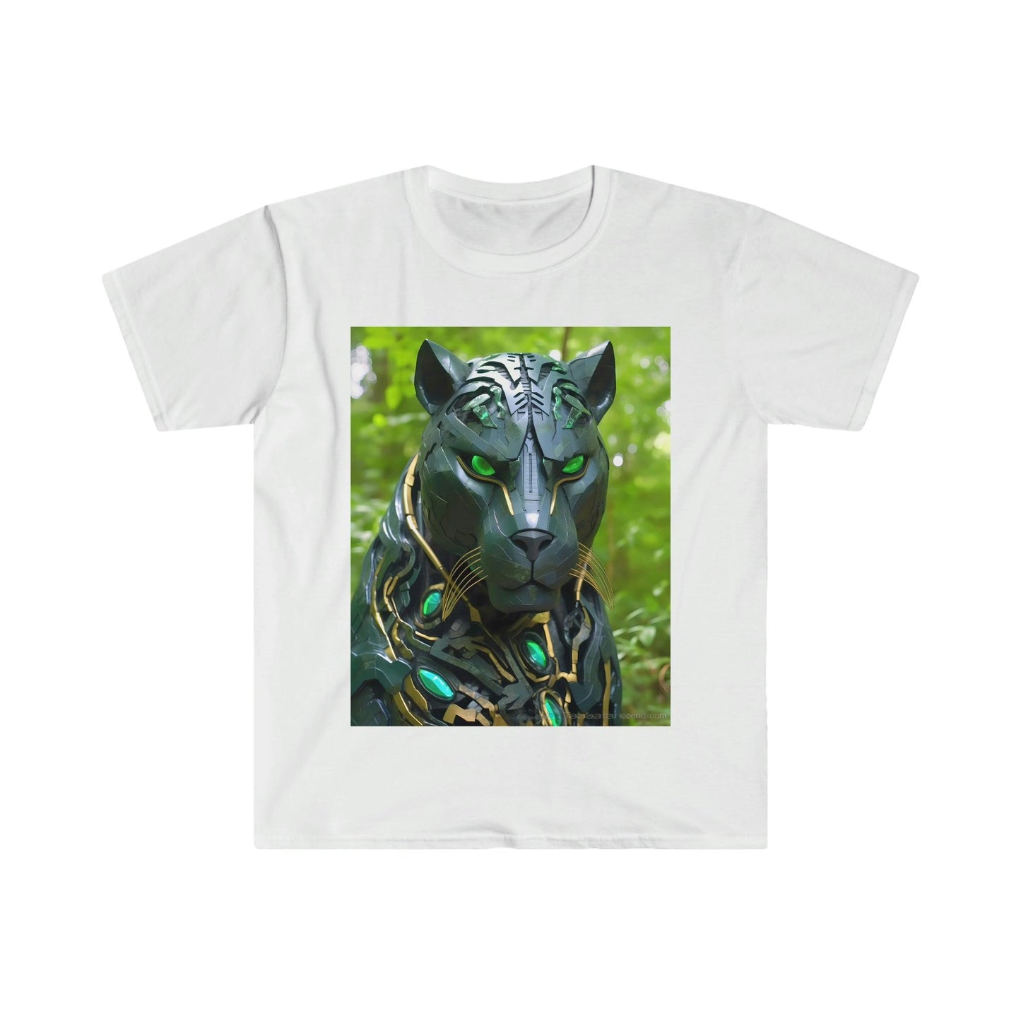 Obsidian Black Panther Visionary Cyberpunk T-Shirt - Fierce and Friendly Design with Piercing Green Eyes - AI Art T-Shirt - Men's and Women's Unisex Shirt - v1.0 - Alchemystics.org