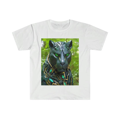 Obsidian Black Panther Visionary Cyberpunk T-Shirt - Fierce and Friendly Design with Piercing Green Eyes - AI Art T-Shirt - Men's and Women's Unisex Shirt - v1.0 - Alchemystics.org