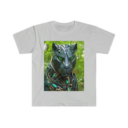 Obsidian Black Panther Visionary Cyberpunk T-Shirt - Fierce and Friendly Design with Piercing Green Eyes - AI Art T-Shirt - Men's and Women's Unisex Shirt - v1.0 - Alchemystics.org