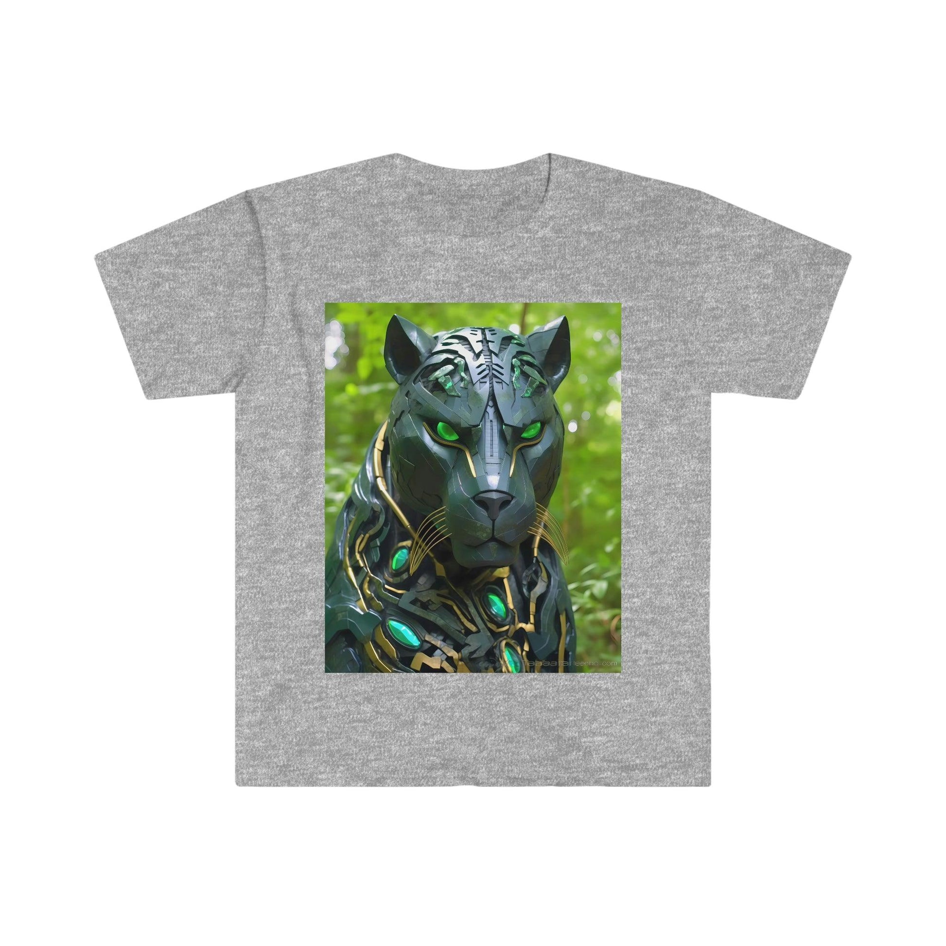 Obsidian Black Panther Visionary Cyberpunk T-Shirt - Fierce and Friendly Design with Piercing Green Eyes - AI Art T-Shirt - Men's and Women's Unisex Shirt - v1.0 - Alchemystics.org