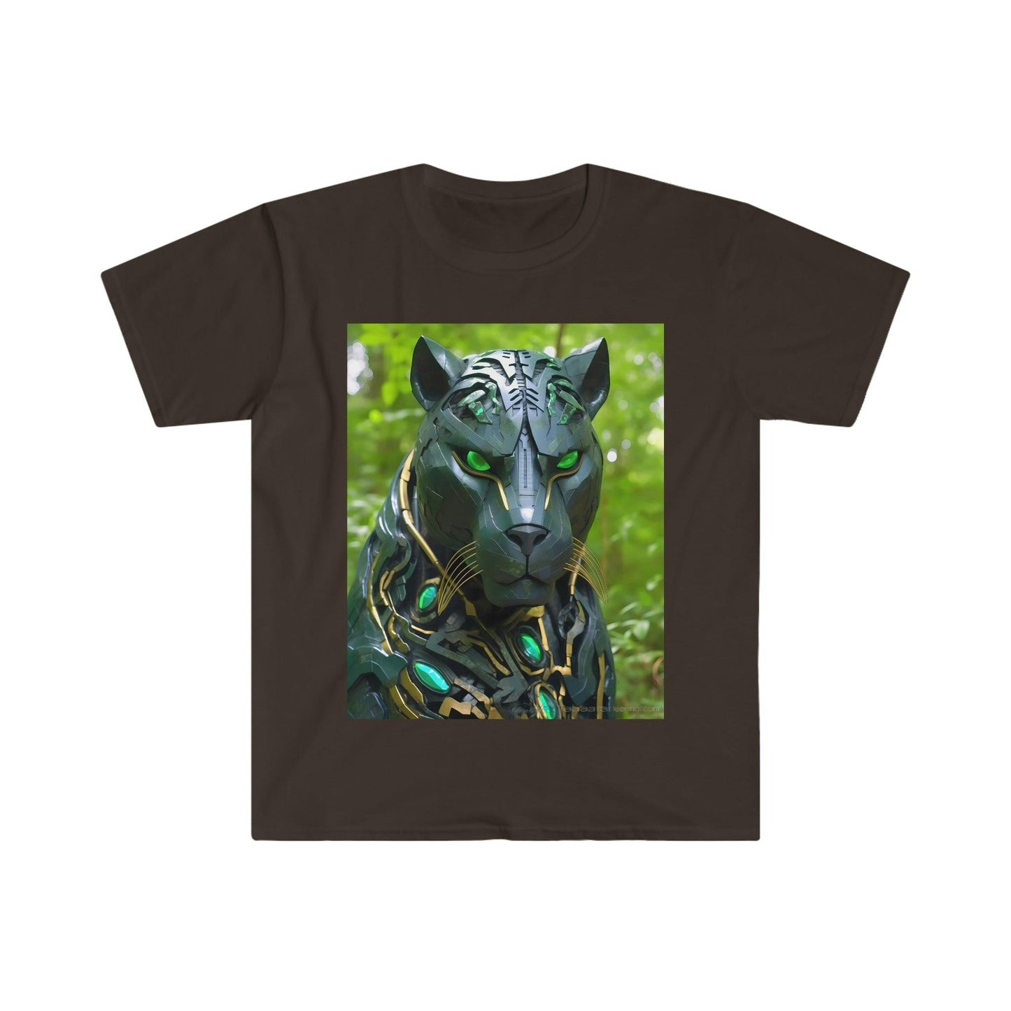 Obsidian Black Panther Visionary Cyberpunk T-Shirt - Fierce and Friendly Design with Piercing Green Eyes - AI Art T-Shirt - Men's and Women's Unisex Shirt - v1.0 - Alchemystics.org