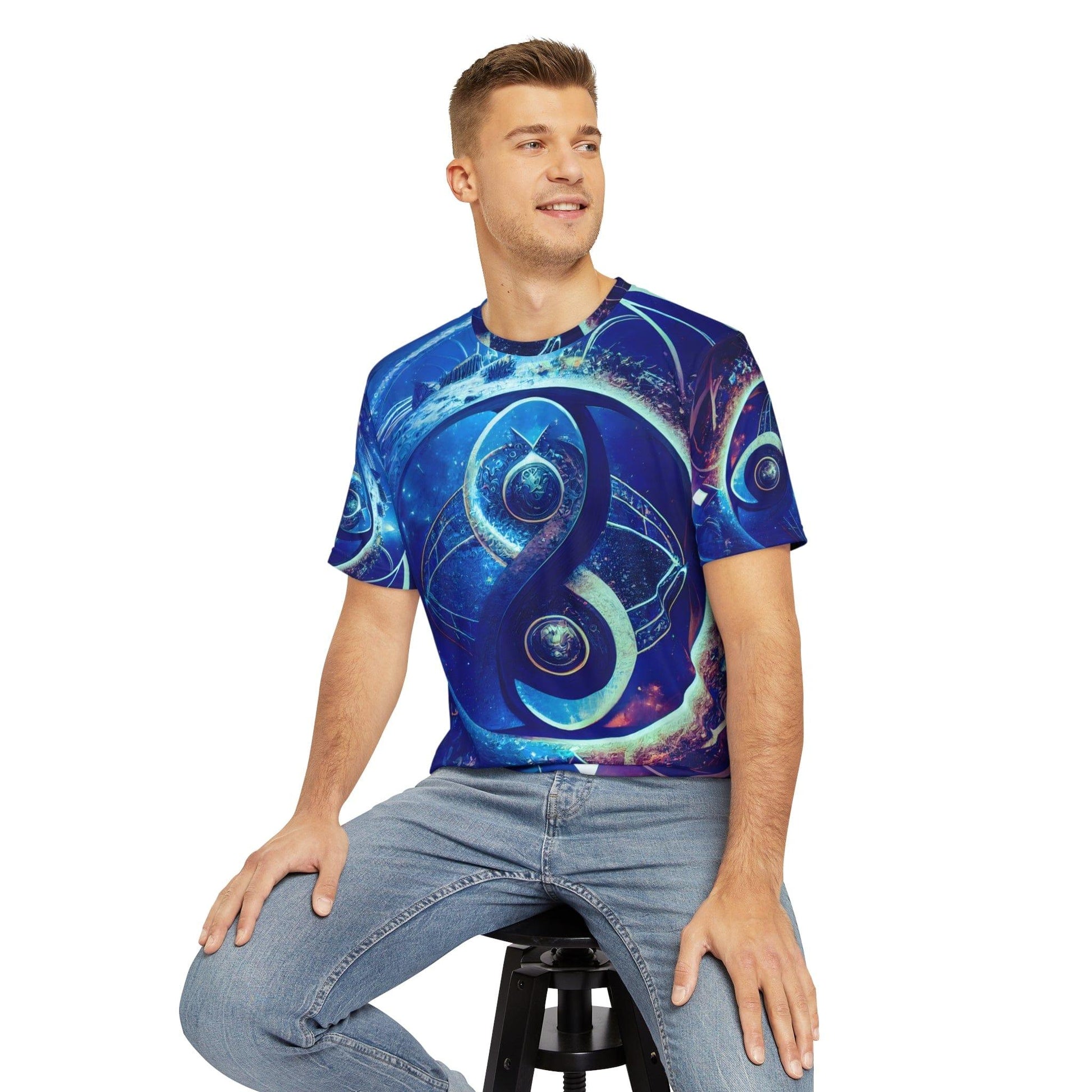 Sacred Geometry Infinity Blue "Perfect Balance" - All Over Print (AOP) / Sublimation Design - Digital AI Art T-Shirt for Street or Festival Wear - Alchemystics.org