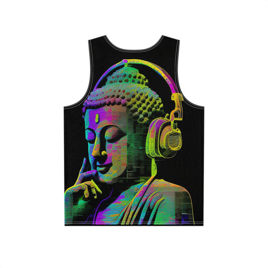 Subtle Smiling Buddha Wearing Headphones Sublimation Print All-Over Design Tank Top - Stylish Comfort for Gym and Streetwear - Alchemystics.org