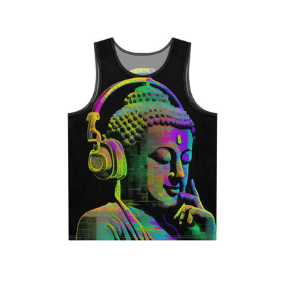 Subtle Smiling Buddha Wearing Headphones Sublimation Print All-Over Design Tank Top - Stylish Comfort for Gym and Streetwear - Alchemystics.org